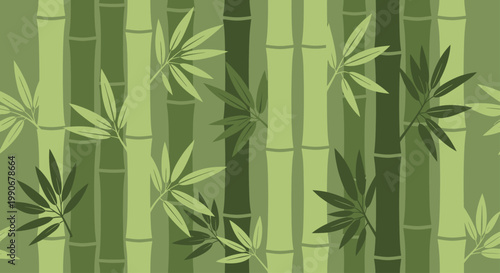 A seamless pattern of stylized green bamboo stalks with scattered leaves