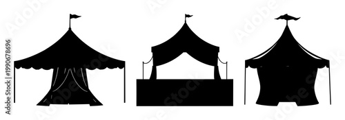 Circus tent set with black silhouette against white background featuring circus, tent, silhouette with entertainment and performance