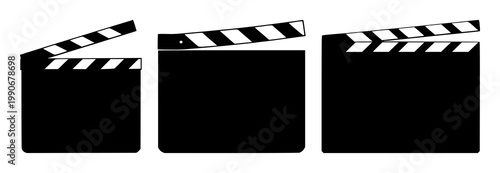 Movie clapperboard set with black silhouette on white background featuring film icon, motion pictures, cinematic gear with illustration and vector