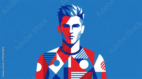 Geometric stylized portrait of a young man in red white and blue