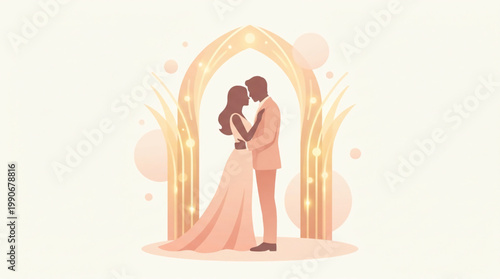 Elegant wedding couple silhouette under a golden floral archway