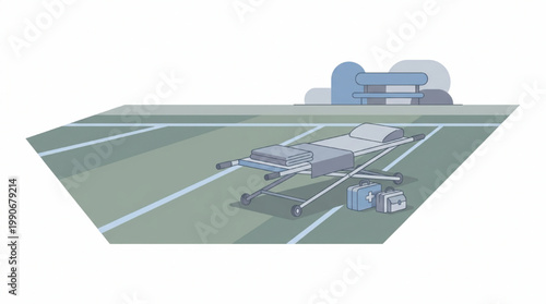 Medical emergency stretcher with first aid kits on a hospital helipad