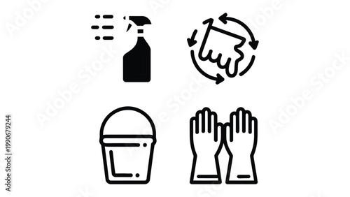 Cleaning Supplies Icons: A set of minimalistic icons representing essential cleaning supplies, perfect for illustrating cleanliness, hygiene, and maintenance themes.