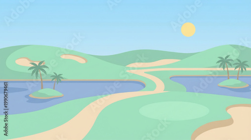 Flat vector illustration of a scenic golf course landscape with sand bunkers and water hazards