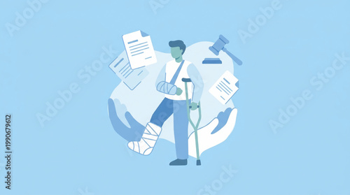 Flat vector illustration of a person with injuries and crutches involved in legal personal injury claims