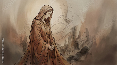 Watercolor illustration of a woman in prayer with soft ethereal light