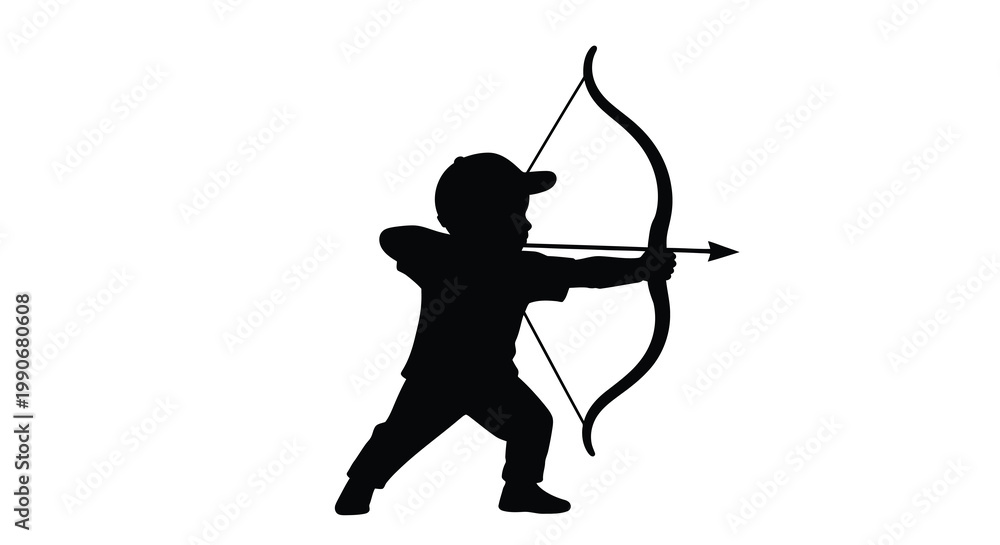 Fototapeta premium Young archer draws a bow poised for action in stark contrast silhouette