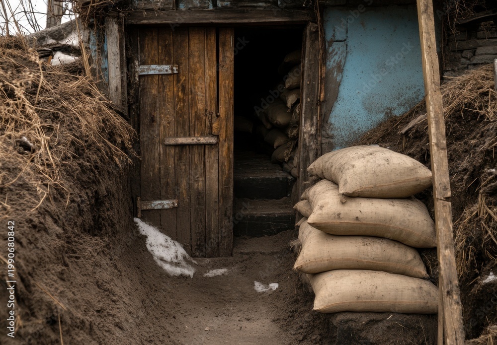 Obraz premium Rustic Wooden Door with Sandbags at Underground Bunker Entrance