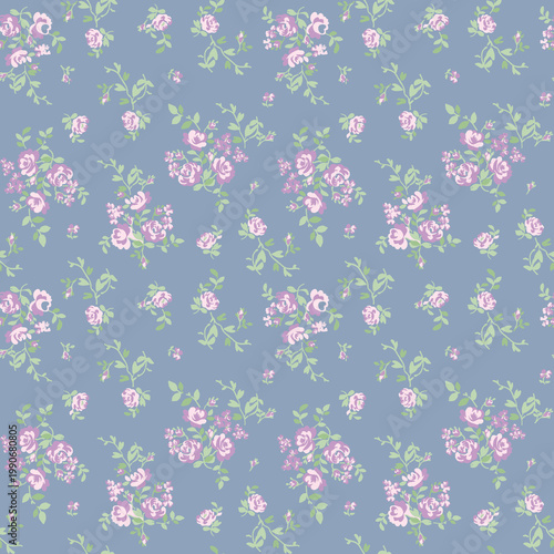 Delicate pink roses and green leaves in a repeating pattern on a soft blue background
