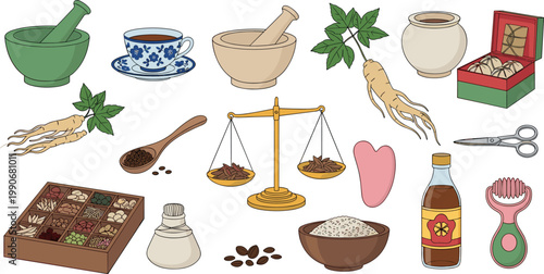 Comprehensive vector illustration set of traditional Chinese medicine featuring herbal ingredients ginseng roots mortar pestle and holistic wellness tools.