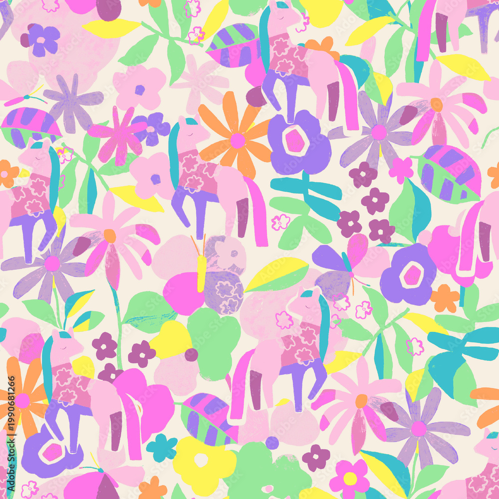 Fototapeta premium Whimsical Unicorns and Flowers in a Playful Pattern for Children's Designs