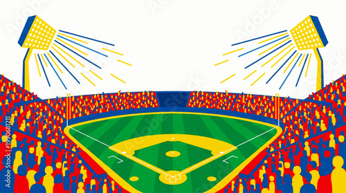 Baseball stadium at night with bright floodlights and cheering crowd