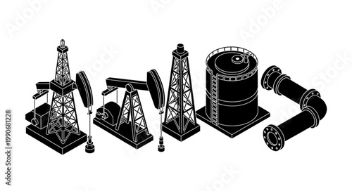 Black oil industry equipment vector illustration set.