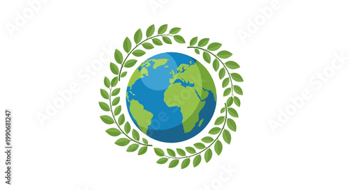 Earth surrounded by green laurel wreath symbolizing global harmony