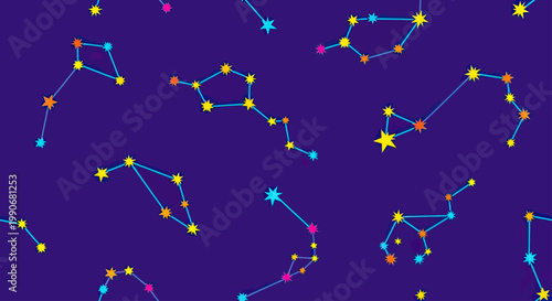 Colorful constellations scattered across a deep purple night sky