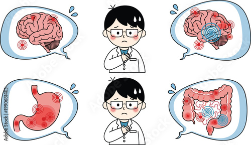 Medical Illustration Vector Set with Human Organs Pain Symptoms Including Brain, Stomach and Intestines with Doctor Character for Healthcare and Diagnosis Designs