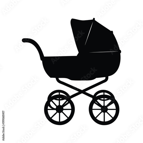 Elegant vintage pram silhouette vector illustration with canopy and spoked wheels design, baby buggy with canopy silhouette vector illustration