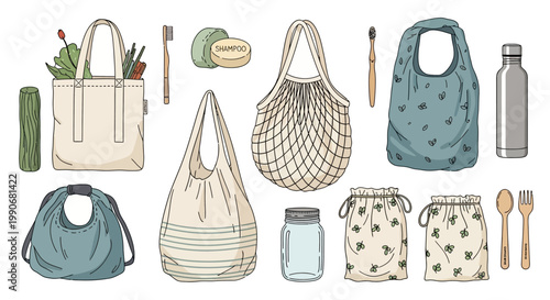 Eco-friendly reusable bags and utensils in vector illustration