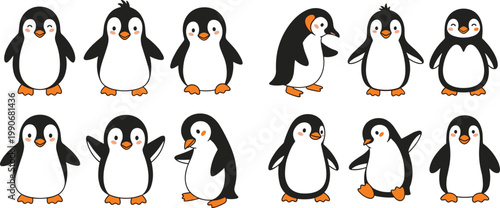 Cute Penguin Cartoon Vector Set with Different Poses and Gestures for Children Illustrations, Mascot Design, Sticker Packs and Playful Animal Graphics