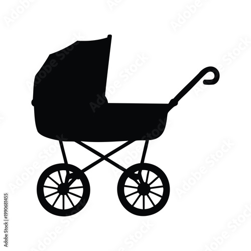 Black and white vintage baby pram silhouette vector illustration design, baby buggy with canopy silhouette vector illustration