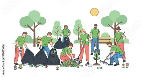 Group of volunteers cleaning park on a sunny day