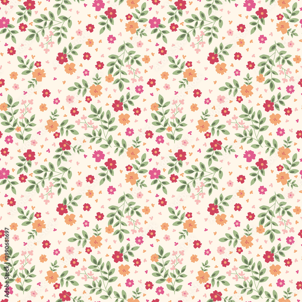 Fototapeta premium Delicate ditsy floral pattern with small red and orange blossoms on a cream background