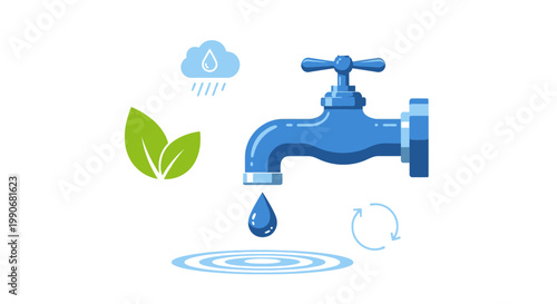 Illustration of water conservation with faucet and eco-friendly symbols