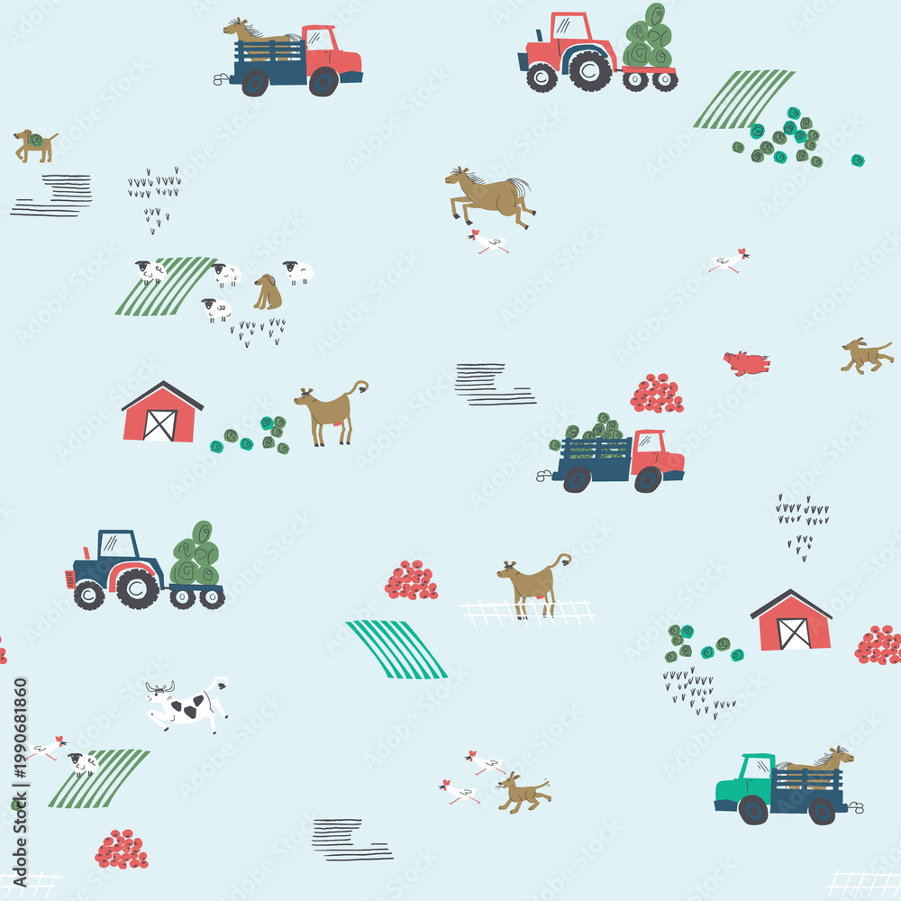 Obraz premium Farm animals and vehicles in a whimsical countryside pattern with a light blue background