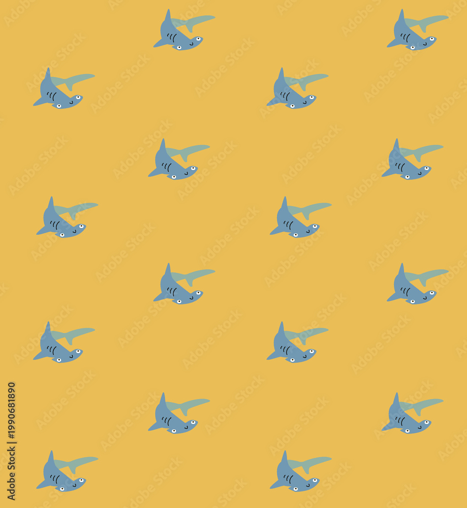 Fototapeta premium Cute blue sharks swimming in a repeating pattern on a warm yellow background