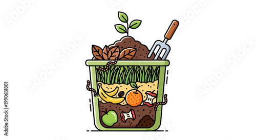 Illustration of Compost Bin with Organic Waste and Plant Growth