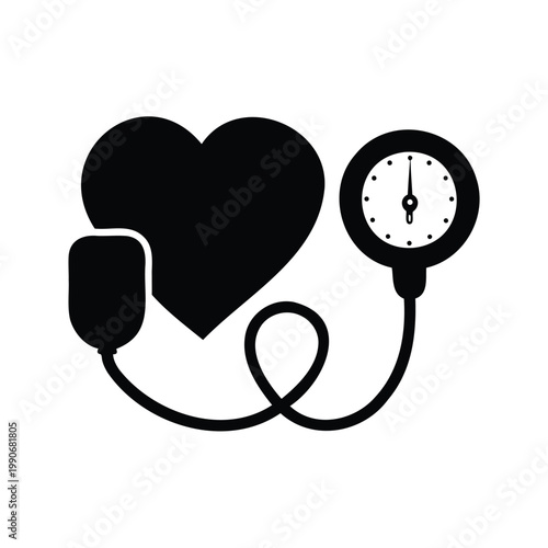 Black and white blood pressure monitor with heart and stethoscope silhouette vector illustration, blood pressure measurement silhouette vector illustration