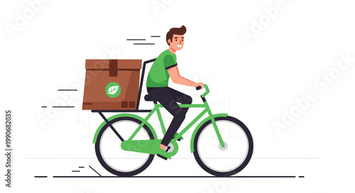 Cartoon delivery person riding bicycle with package in motion