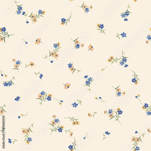 Delicate blue and yellow wildflowers scattered across a soft cream background in a charming ditsy floral pattern
