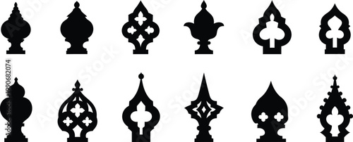 Collection of ornate thai architectural finials in black