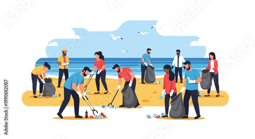 Group of volunteers cleaning beach on a sunny day