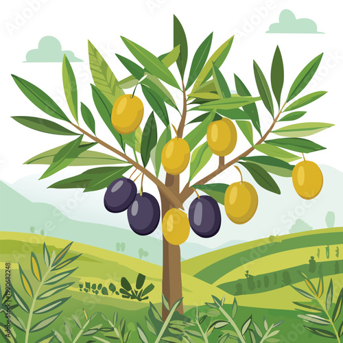 Olive tree illustration with ripe fruit against a vibrant rural background