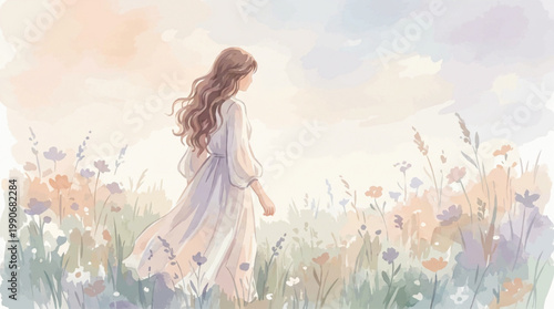 A woman walking through a beautiful wildflower meadow at sunset