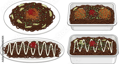 Japanese Yakisoba Noodle Vector Set with Takeaway Containers and Plates, Topped with Mayonnaise, Pickled Ginger and Garnish for Street Food Illustrations