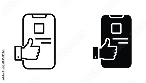 Social media like button on smartphone screen icon set featuring thumb up gesture in linear and solid black styles for mobile app and digital engagement concepts isolated on white background