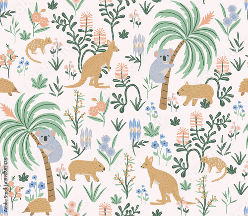 Whimsical Australian Wildlife Pattern with Koalas Kangaroos and Palms