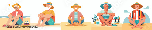 vector of a grandpa sitting on the beach enjoying summer