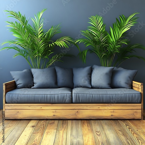 Rustic wooden sofa with plush cushions flanked by lush potted palms against a dark wall