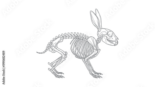 An illustration of a rabbit skeleton standing on its hind legs in profile view