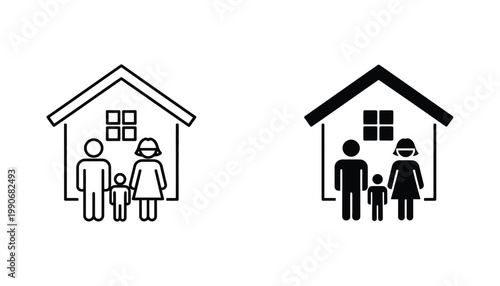 Family living in house icon set featuring parents and child silhouettes in linear and solid black styles for real estate and home life concepts isolated on white background