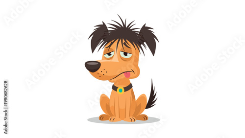 An illustration of a sad dog with messy hair sits on a gray shadow.