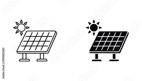 Solar panel with sun icon representing renewable energy and sustainable power generation vector set