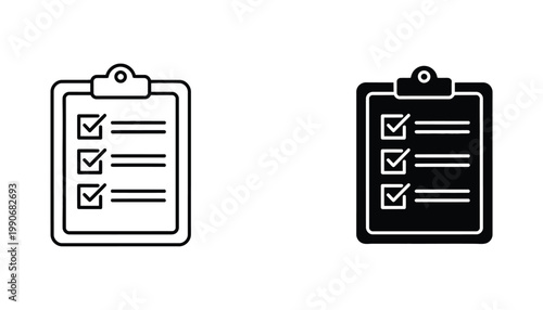 Clipboard with checklist icon set showing completed tasks and project management status in vector format
