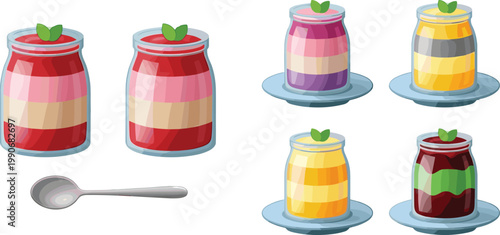 Colorful Jam Jar Vector Set with Different Fruit Preserves, Glass Containers, Spoon and Plate Illustrations for Food Packaging, Breakfast Themes and Kitchen Designs