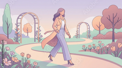 Stylish woman walking on a path in a manicured garden