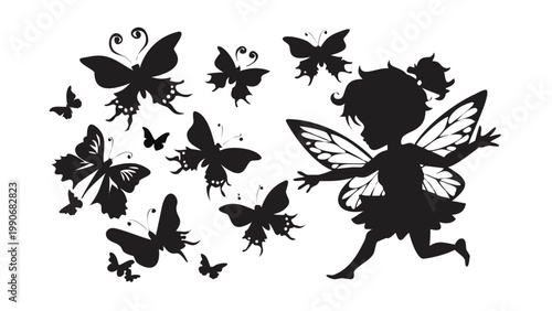 A vibrant silhouette of an energetic fairy girl with beautifully patterned wings, seemingly in motion, surrounded by a captivating flurry of many different butterflies, creating a dynamic and enchanti